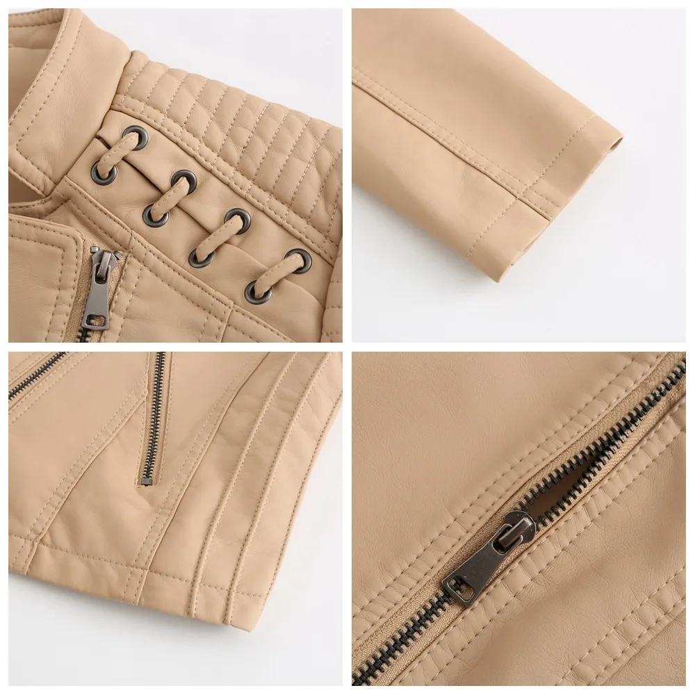 2023Spring Autumn Ladies Motorcycle Leather Jackets Women Turn-down Collar Zipper Slim Black Moto & Biker Jacket Female Leather