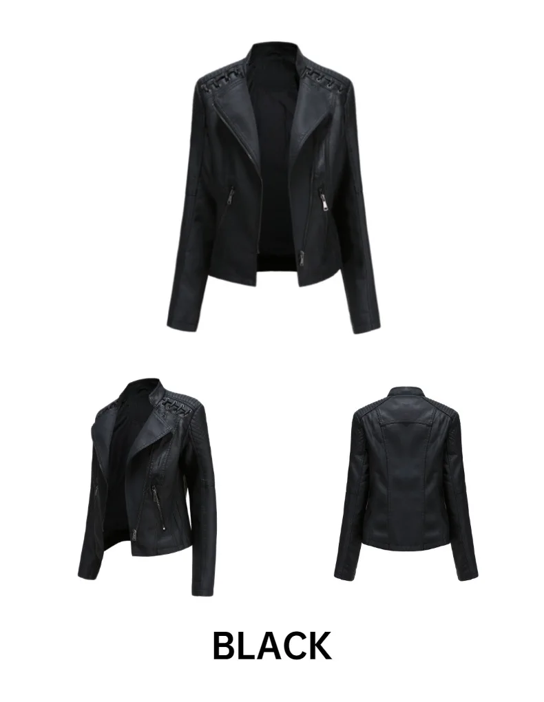 2023Spring Autumn Ladies Motorcycle Leather Jackets Women Turn-down Collar Zipper Slim Black Moto & Biker Jacket Female Leather