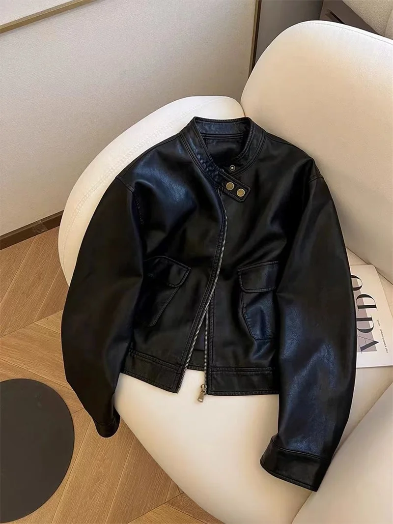 2025 Women Pu Leather Jacket Women Autumn Fashion Short Casual All-match Leather Tops Female Korean Loose Leather Lady Outerwear
