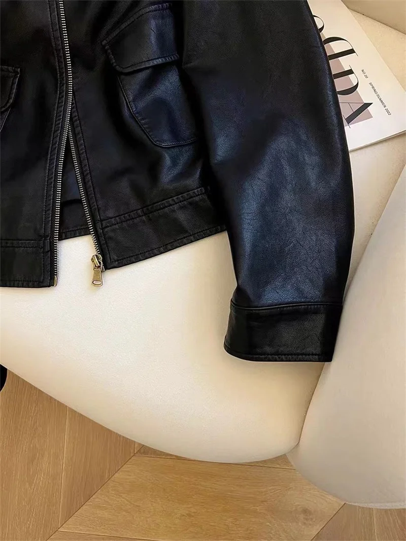 2025 Women Pu Leather Jacket Women Autumn Fashion Short Casual All-match Leather Tops Female Korean Loose Leather Lady Outerwear