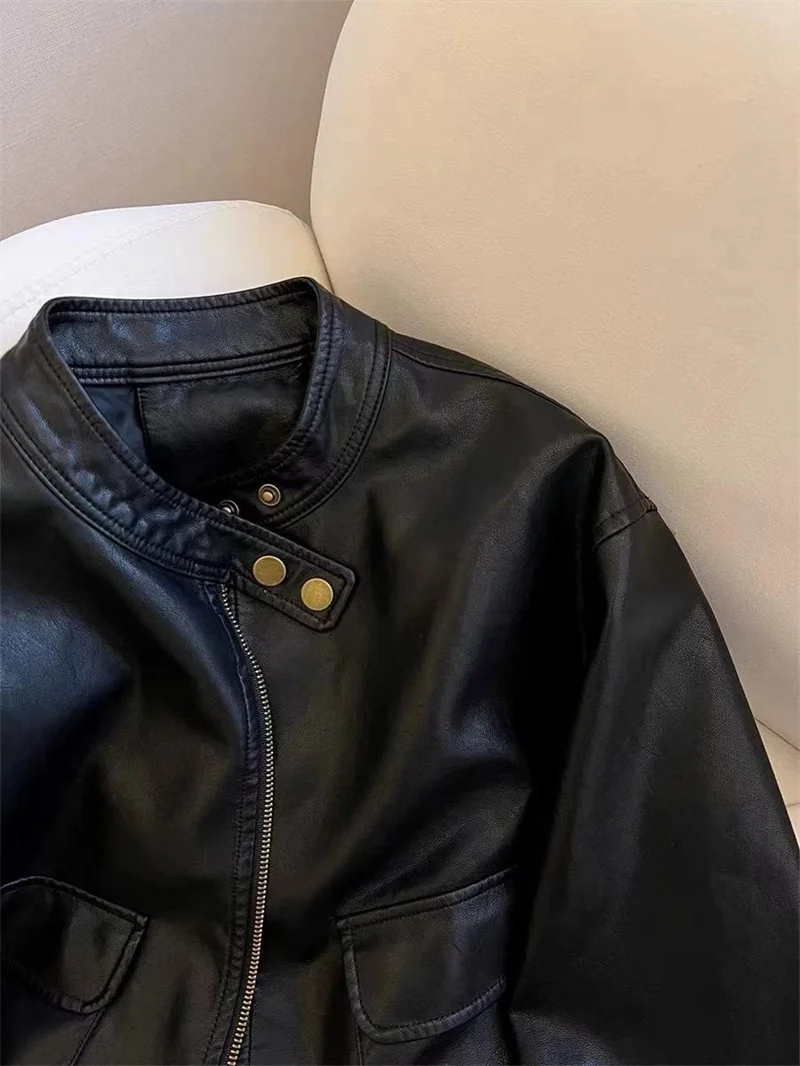 2025 Women Pu Leather Jacket Women Autumn Fashion Short Casual All-match Leather Tops Female Korean Loose Leather Lady Outerwear