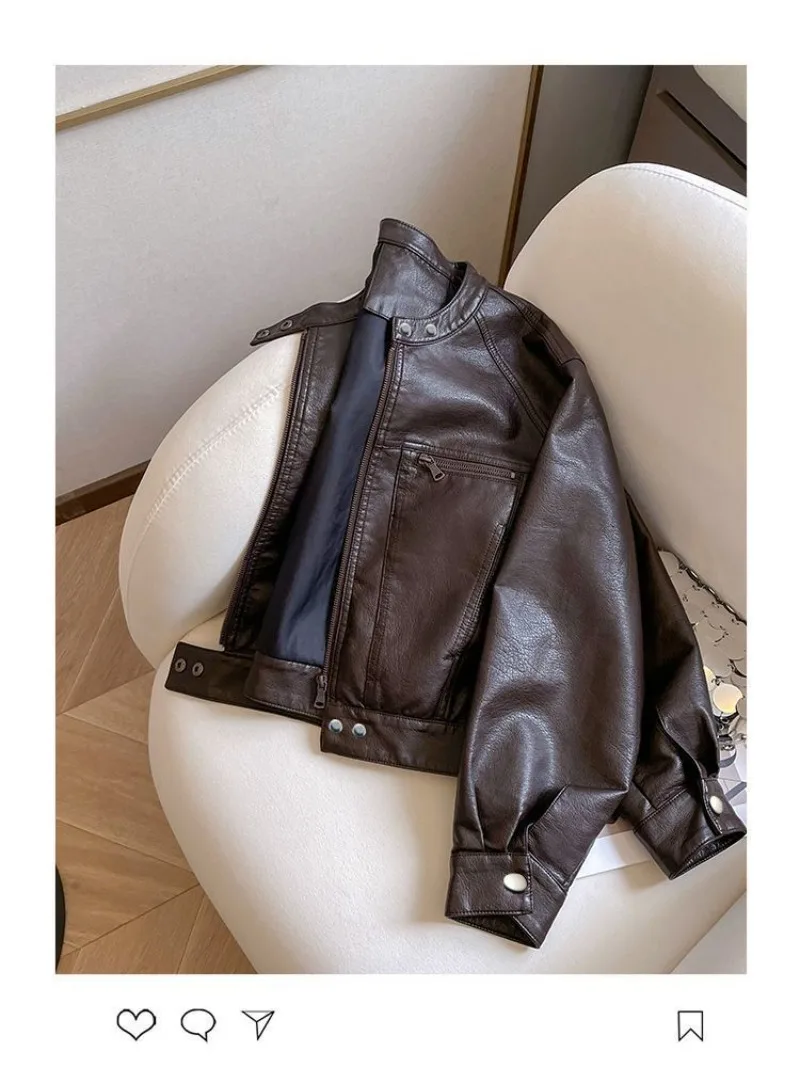 American Locomotive Clothing Short PU Leather Jacket Women's 2025 Spring And Autumn New Small Design Stand-Up Collar Jacket tide