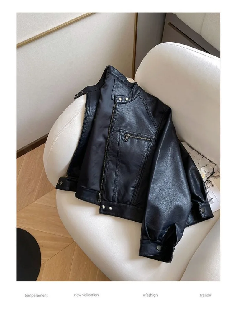 American Locomotive Clothing Short PU Leather Jacket Women's 2025 Spring And Autumn New Small Design Stand-Up Collar Jacket tide