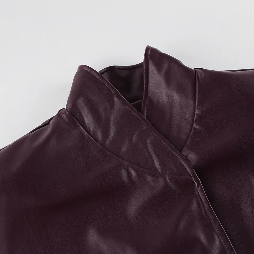 Lady Retro Burgundy Belted Leather Jacket Fashion Solid Stand Collar Long-sleeved Cropped Coat 2026 Women Daily Street Outerwear