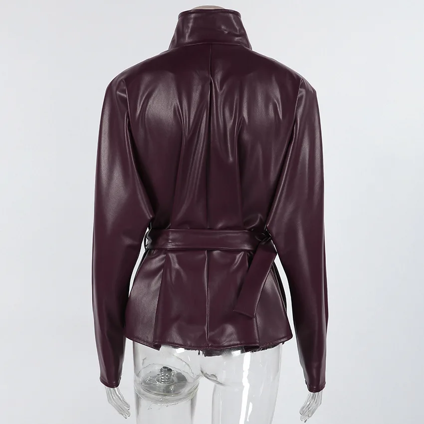 Lady Retro Burgundy Belted Leather Jacket Fashion Solid Stand Collar Long-sleeved Cropped Coat 2026 Women Daily Street Outerwear