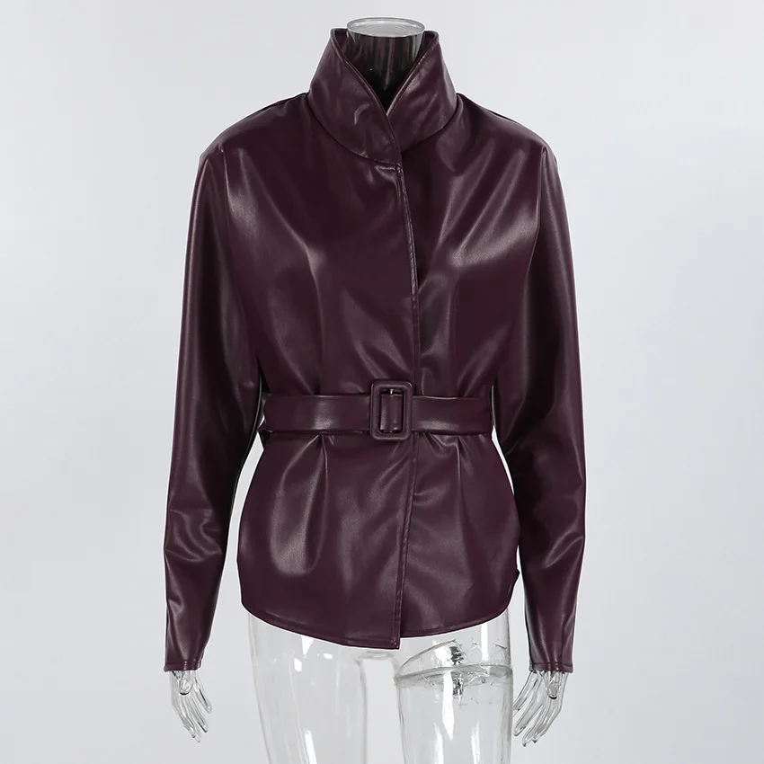 Lady Retro Burgundy Belted Leather Jacket Fashion Solid Stand Collar Long-sleeved Cropped Coat 2026 Women Daily Street Outerwear
