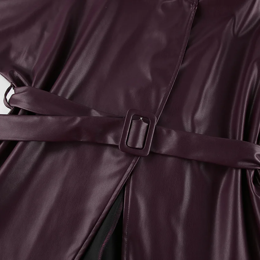 Lady Retro Burgundy Belted Leather Jacket Fashion Solid Stand Collar Long-sleeved Cropped Coat 2026 Women Daily Street Outerwear
