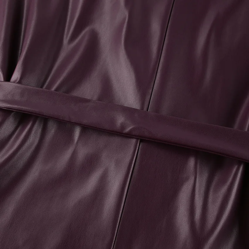 Lady Retro Burgundy Belted Leather Jacket Fashion Solid Stand Collar Long-sleeved Cropped Coat 2026 Women Daily Street Outerwear