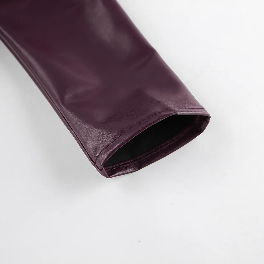 Lady Retro Burgundy Belted Leather Jacket Fashion Solid Stand Collar Long-sleeved Cropped Coat 2026 Women Daily Street Outerwear