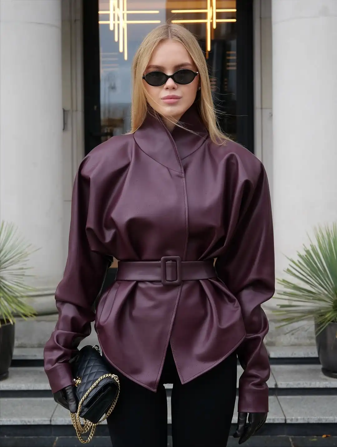 Lady Retro Burgundy Belted Leather Jacket Fashion Solid Stand Collar Long-sleeved Cropped Coat 2026 Women Daily Street Outerwear
