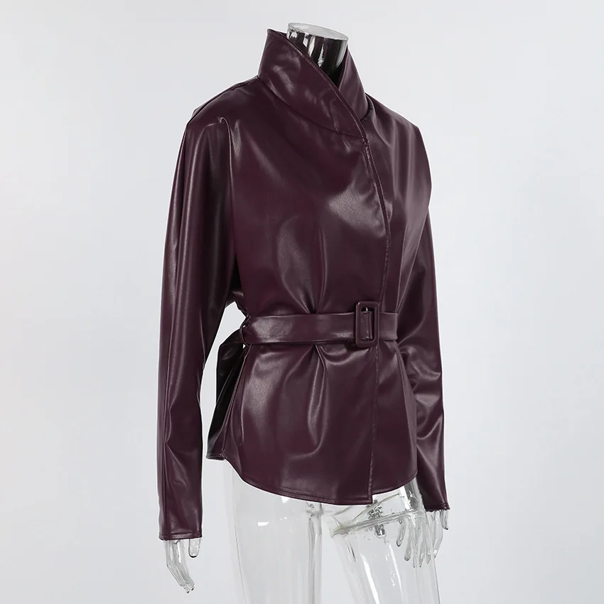 Lady Retro Burgundy Belted Leather Jacket Fashion Solid Stand Collar Long-sleeved Cropped Coat 2026 Women Daily Street Outerwear