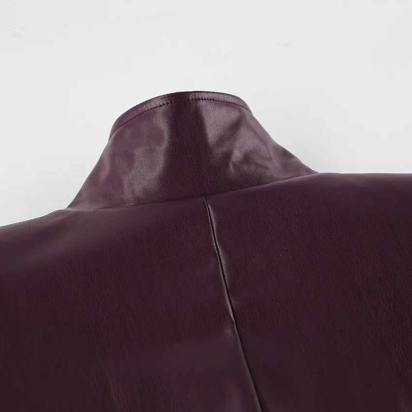 Lady Retro Burgundy Belted Leather Jacket Fashion Solid Stand Collar Long-sleeved Cropped Coat 2026 Women Daily Street Outerwear
