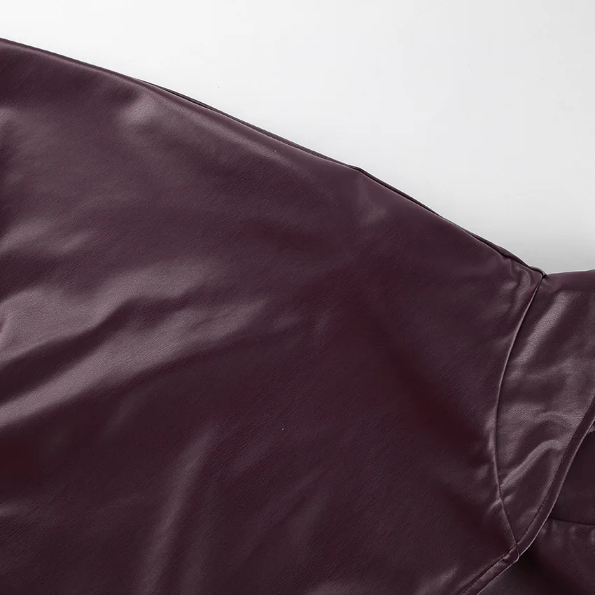 Lady Retro Burgundy Belted Leather Jacket Fashion Solid Stand Collar Long-sleeved Cropped Coat 2026 Women Daily Street Outerwear