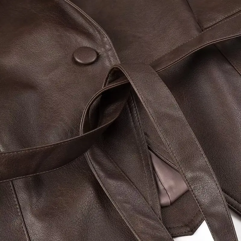 Mauroicardi Spring Autumn Short Retro Brown Pu Leather Jacket Women Sashes Lace Up Luxury Designer Emo Clothes European Fashion