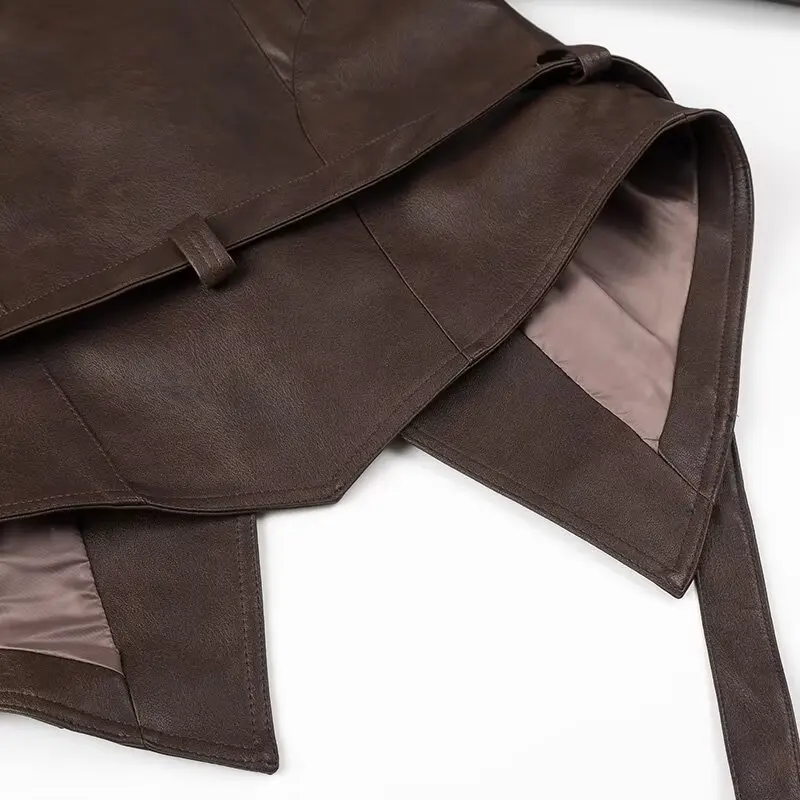 Mauroicardi Spring Autumn Short Retro Brown Pu Leather Jacket Women Sashes Lace Up Luxury Designer Emo Clothes European Fashion