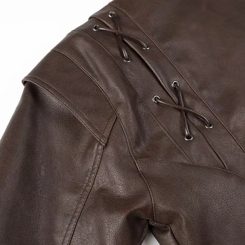 Mauroicardi Spring Autumn Short Retro Brown Pu Leather Jacket Women Sashes Lace Up Luxury Designer Emo Clothes European Fashion