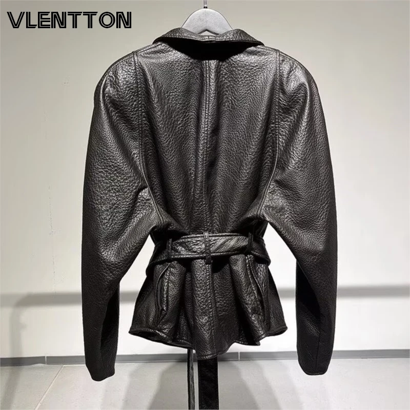 High Quality Women Brown Faux Leather Jacket With Belted Blazer Coat Textured Peplum Waist Casual Outerwear Autumn Winter
