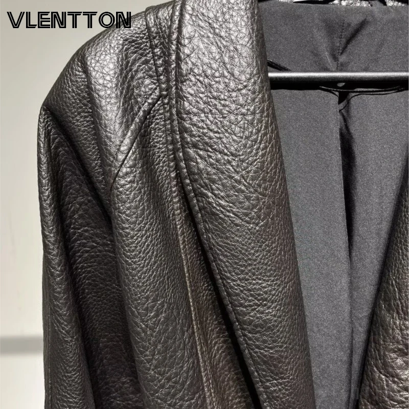 High Quality Women Brown Faux Leather Jacket With Belted Blazer Coat Textured Peplum Waist Casual Outerwear Autumn Winter