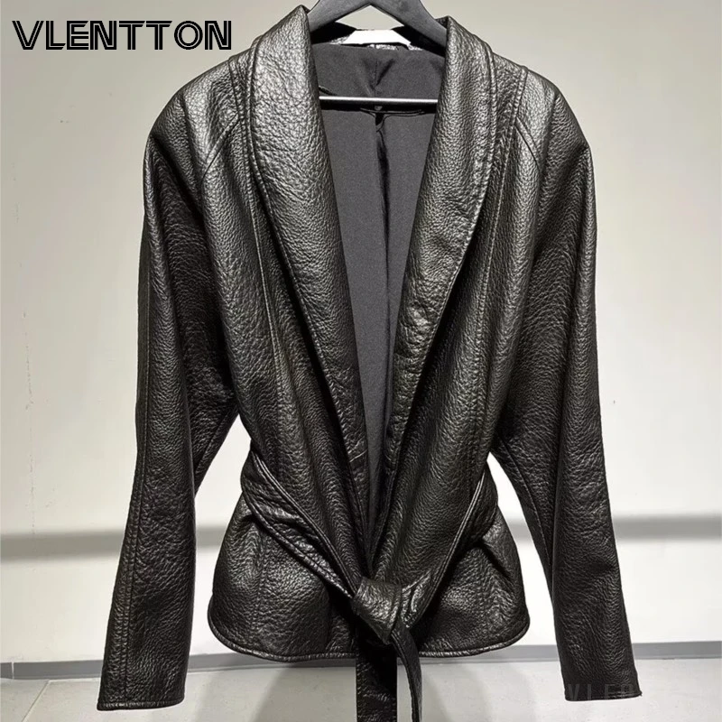High Quality Women Brown Faux Leather Jacket With Belted Blazer Coat Textured Peplum Waist Casual Outerwear Autumn Winter