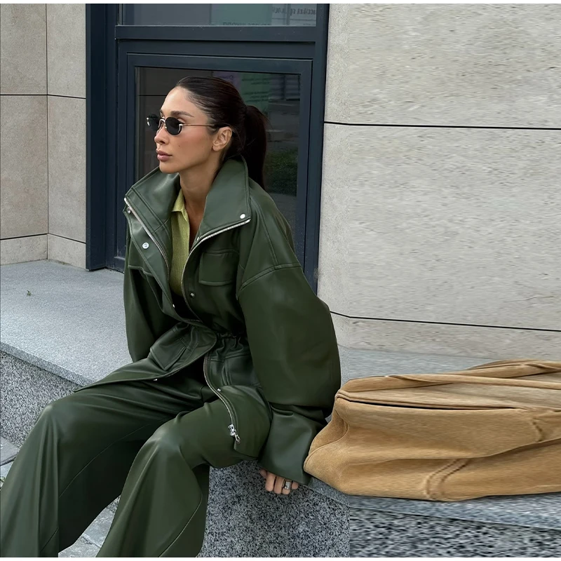 Street Waist Cinching Leather Jacket Women Loose Solid Stand Collar Zipper Pocket Jackets 2026 Spring Lady New Fashion Outwear