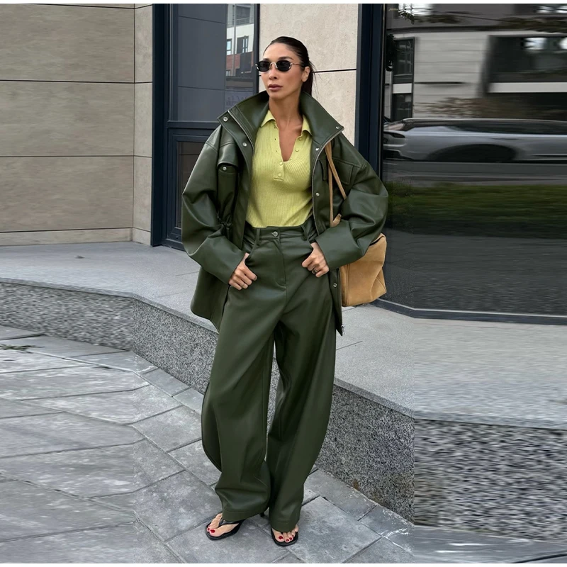 Street Waist Cinching Leather Jacket Women Loose Solid Stand Collar Zipper Pocket Jackets 2026 Spring Lady New Fashion Outwear
