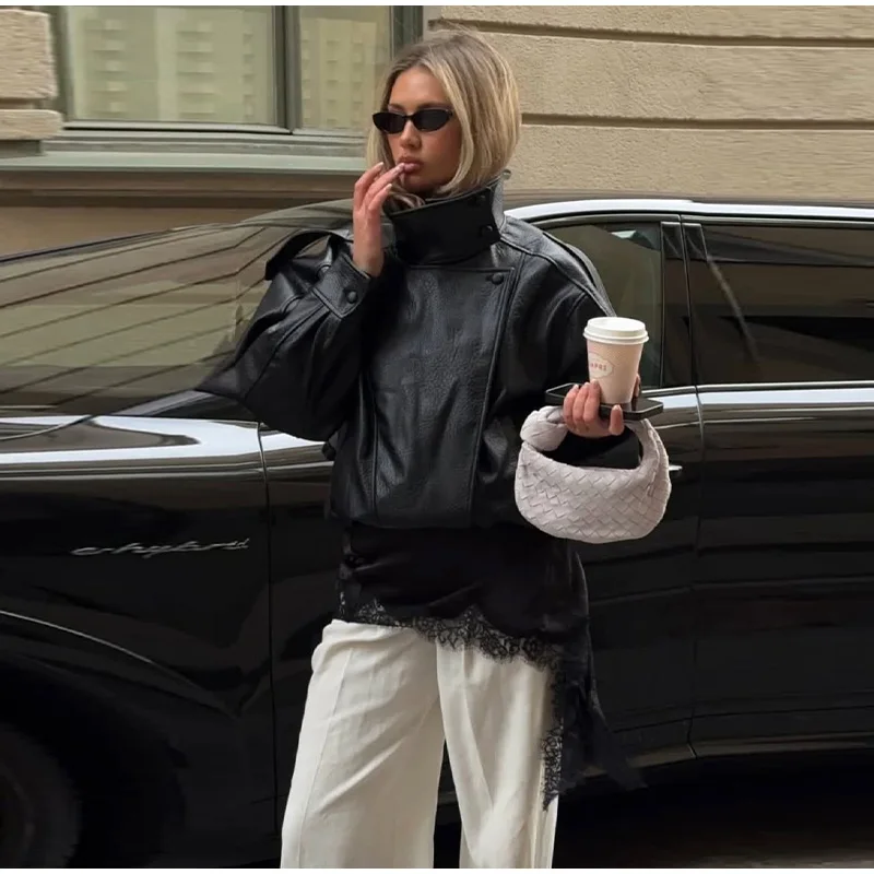 Street Waist Cinching Leather Jacket Women Loose Solid Stand Collar Zipper Pocket Jackets 2026 Spring Lady New Fashion Outwear