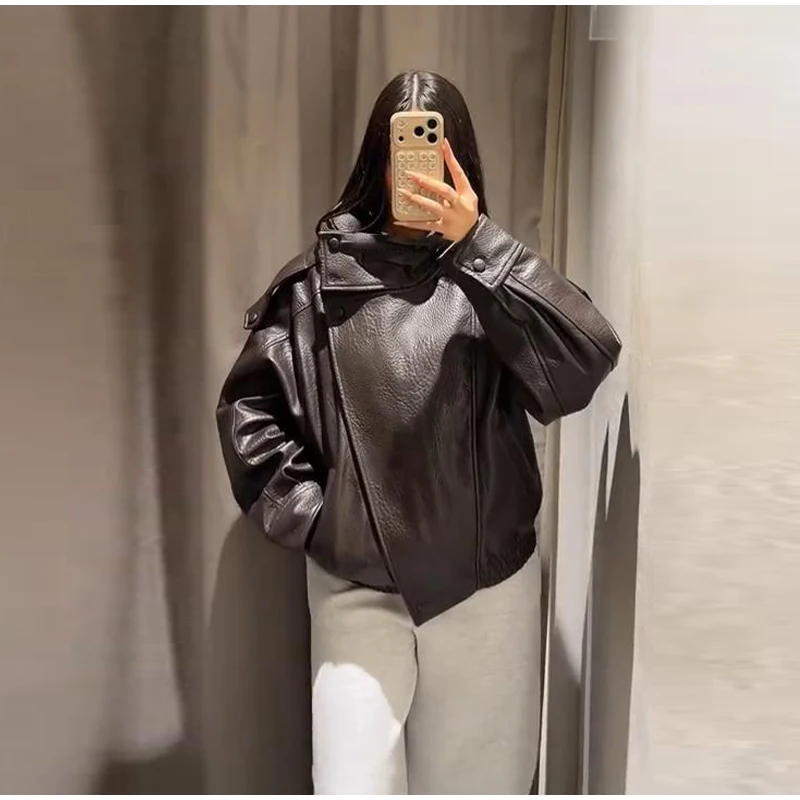 Street Waist Cinching Leather Jacket Women Loose Solid Stand Collar Zipper Pocket Jackets 2026 Spring Lady New Fashion Outwear