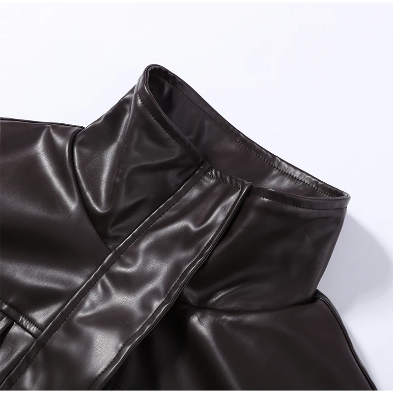 Street Waist Cinching Leather Jacket Women Loose Solid Stand Collar Zipper Pocket Jackets 2026 Spring Lady New Fashion Outwear