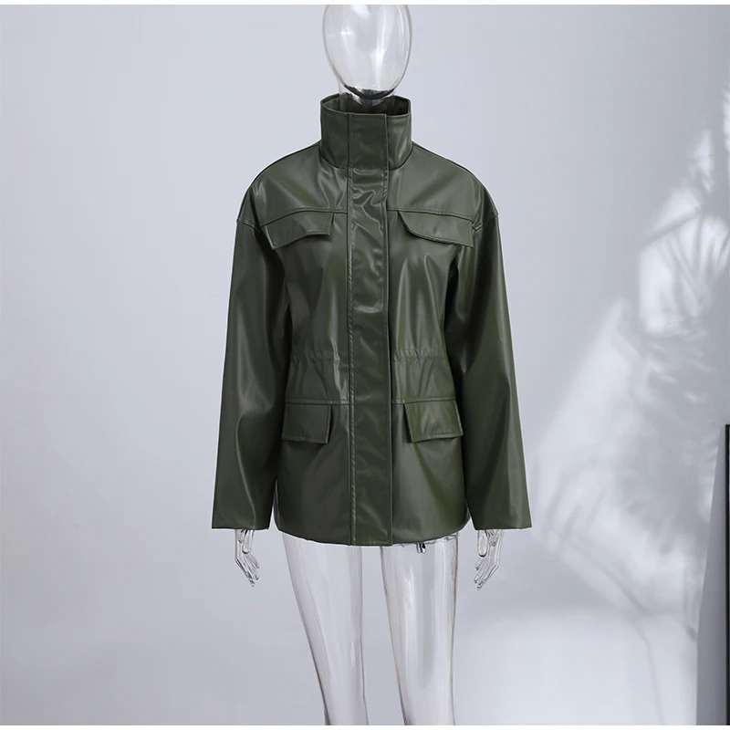 Street Waist Cinching Leather Jacket Women Loose Solid Stand Collar Zipper Pocket Jackets 2026 Spring Lady New Fashion Outwear