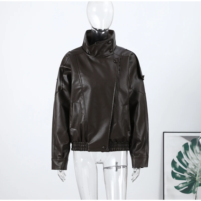 Street Waist Cinching Leather Jacket Women Loose Solid Stand Collar Zipper Pocket Jackets 2026 Spring Lady New Fashion Outwear