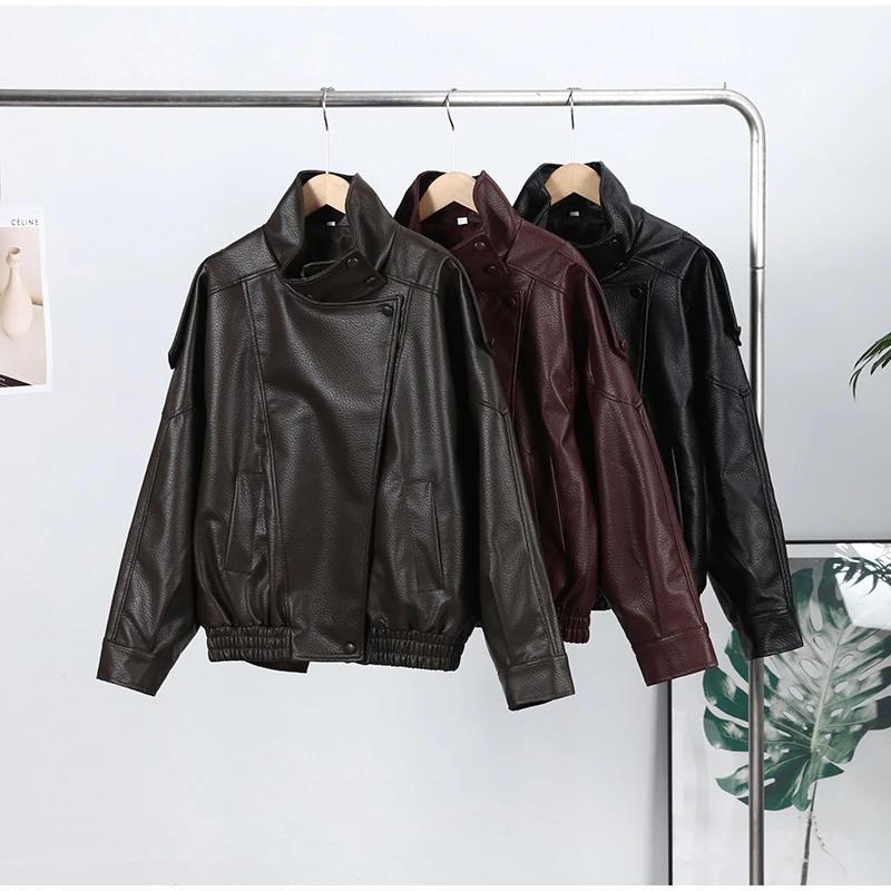 Street Waist Cinching Leather Jacket Women Loose Solid Stand Collar Zipper Pocket Jackets 2026 Spring Lady New Fashion Outwear