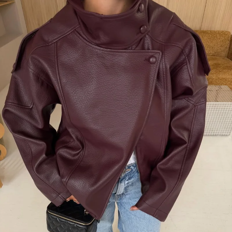 Street Waist Cinching Leather Jacket Women Loose Solid Stand Collar Zipper Pocket Jackets 2026 Spring Lady New Fashion Outwear