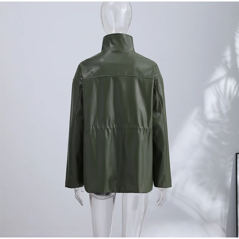 Street Waist Cinching Leather Jacket Women Loose Solid Stand Collar Zipper Pocket Jackets 2026 Spring Lady New Fashion Outwear