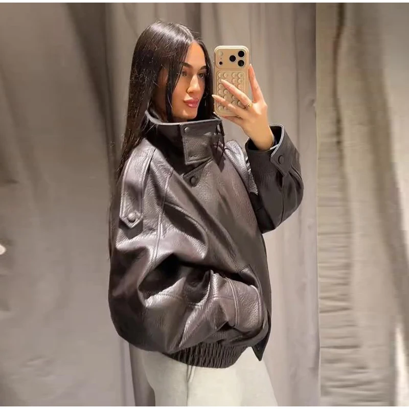 Street Waist Cinching Leather Jacket Women Loose Solid Stand Collar Zipper Pocket Jackets 2026 Spring Lady New Fashion Outwear