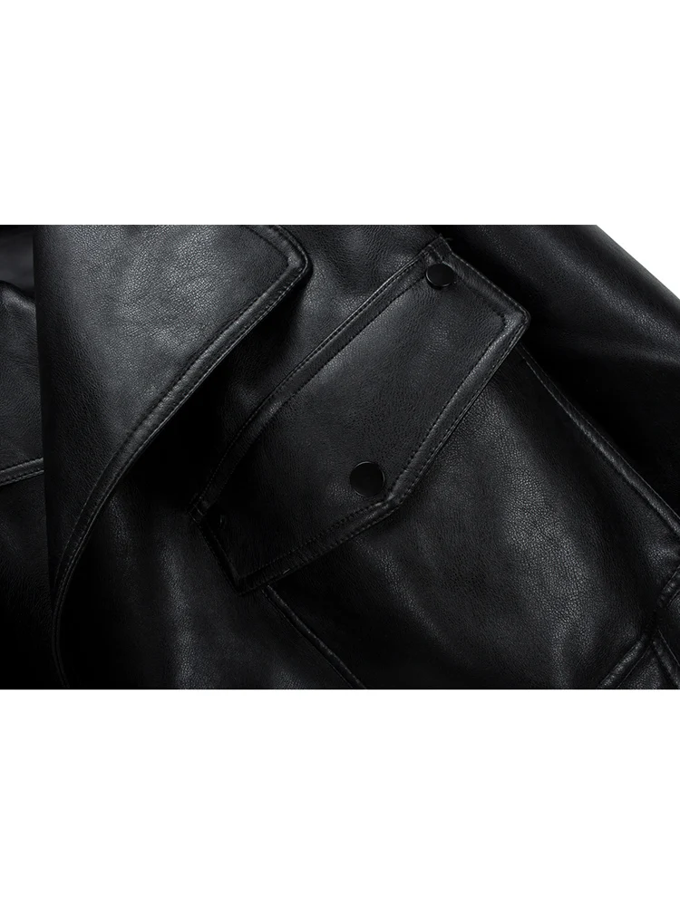 Ailegogo High Street Women Lapel Loose Pu Faux Leather Short Jacket Spring Autumn Female Big Pocket Belt Coat Moto Biker Outwear