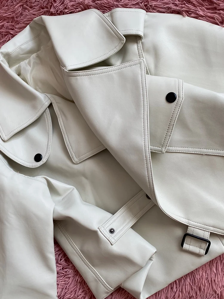 Ailegogo High Street Women Lapel Loose Pu Faux Leather Short Jacket Spring Autumn Female Big Pocket Belt Coat Moto Biker Outwear