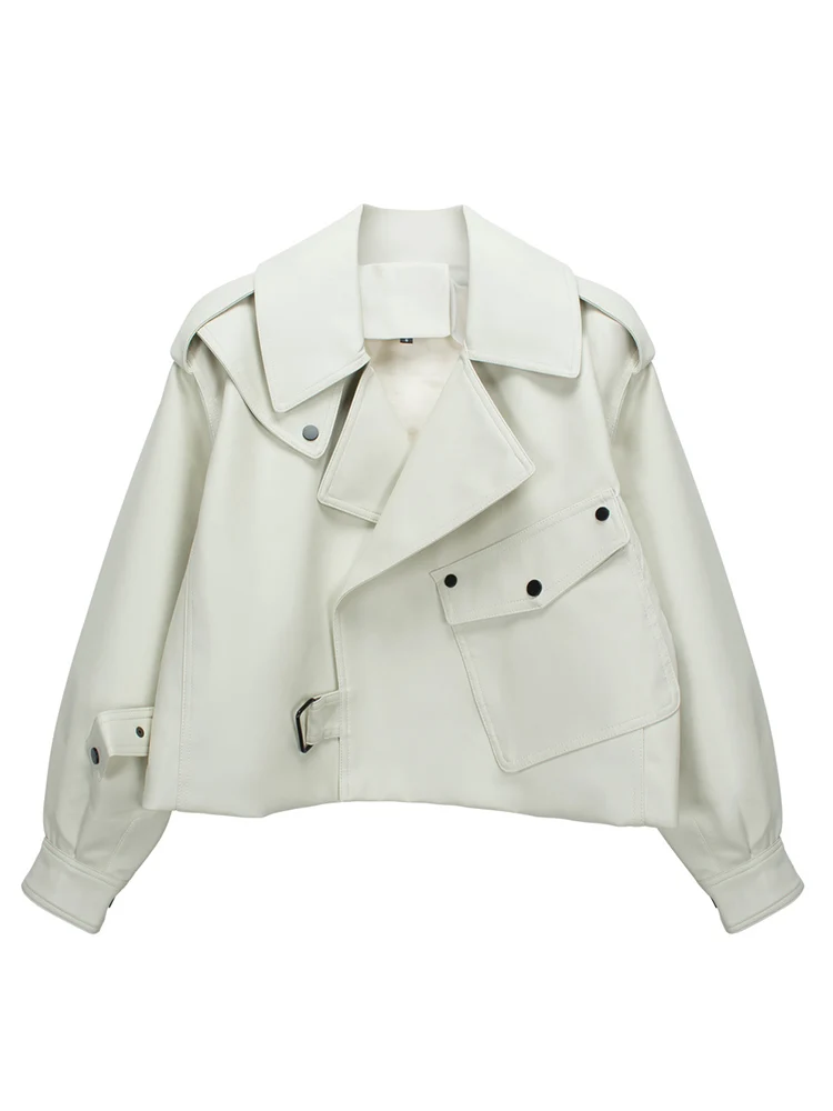 Ailegogo High Street Women Lapel Loose Pu Faux Leather Short Jacket Spring Autumn Female Big Pocket Belt Coat Moto Biker Outwear