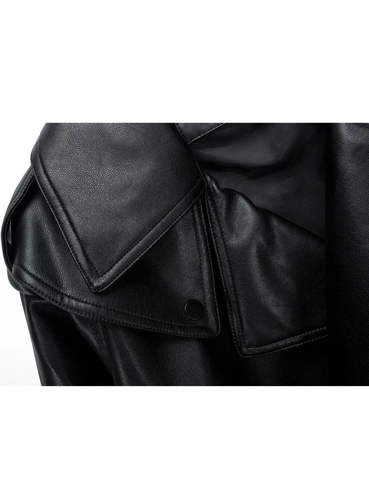 Ailegogo High Street Women Lapel Loose Pu Faux Leather Short Jacket Spring Autumn Female Big Pocket Belt Coat Moto Biker Outwear