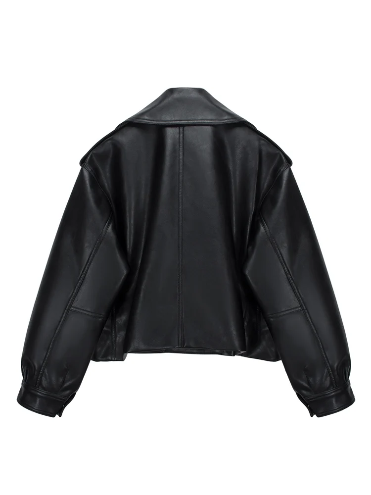Ailegogo High Street Women Lapel Loose Pu Faux Leather Short Jacket Spring Autumn Female Big Pocket Belt Coat Moto Biker Outwear