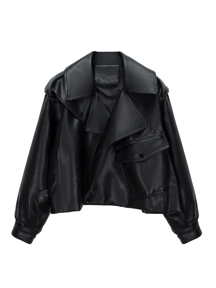 Ailegogo High Street Women Lapel Loose Pu Faux Leather Short Jacket Spring Autumn Female Big Pocket Belt Coat Moto Biker Outwear