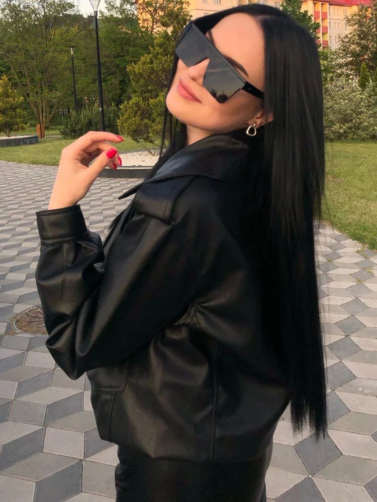 Ailegogo High Street Women Lapel Loose Pu Faux Leather Short Jacket Spring Autumn Female Big Pocket Belt Coat Moto Biker Outwear