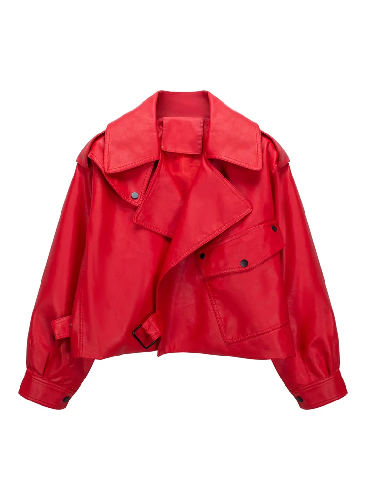 Ailegogo High Street Women Lapel Loose Pu Faux Leather Short Jacket Spring Autumn Female Big Pocket Belt Coat Moto Biker Outwear