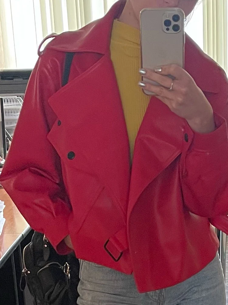 Ailegogo High Street Women Lapel Loose Pu Faux Leather Short Jacket Spring Autumn Female Big Pocket Belt Coat Moto Biker Outwear