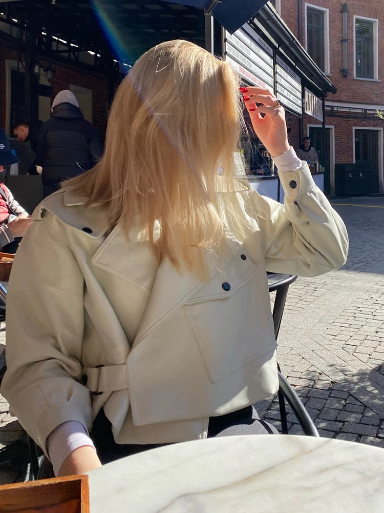 Ailegogo High Street Women Lapel Loose Pu Faux Leather Short Jacket Spring Autumn Female Big Pocket Belt Coat Moto Biker Outwear