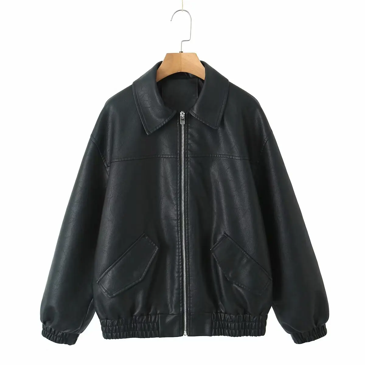 2026 Fashion Streetwear Women Retro Loose Black PU Faux Leather Jacket Spring Autumn Lady Vintage Zipper Coat Moto Biker Outwear