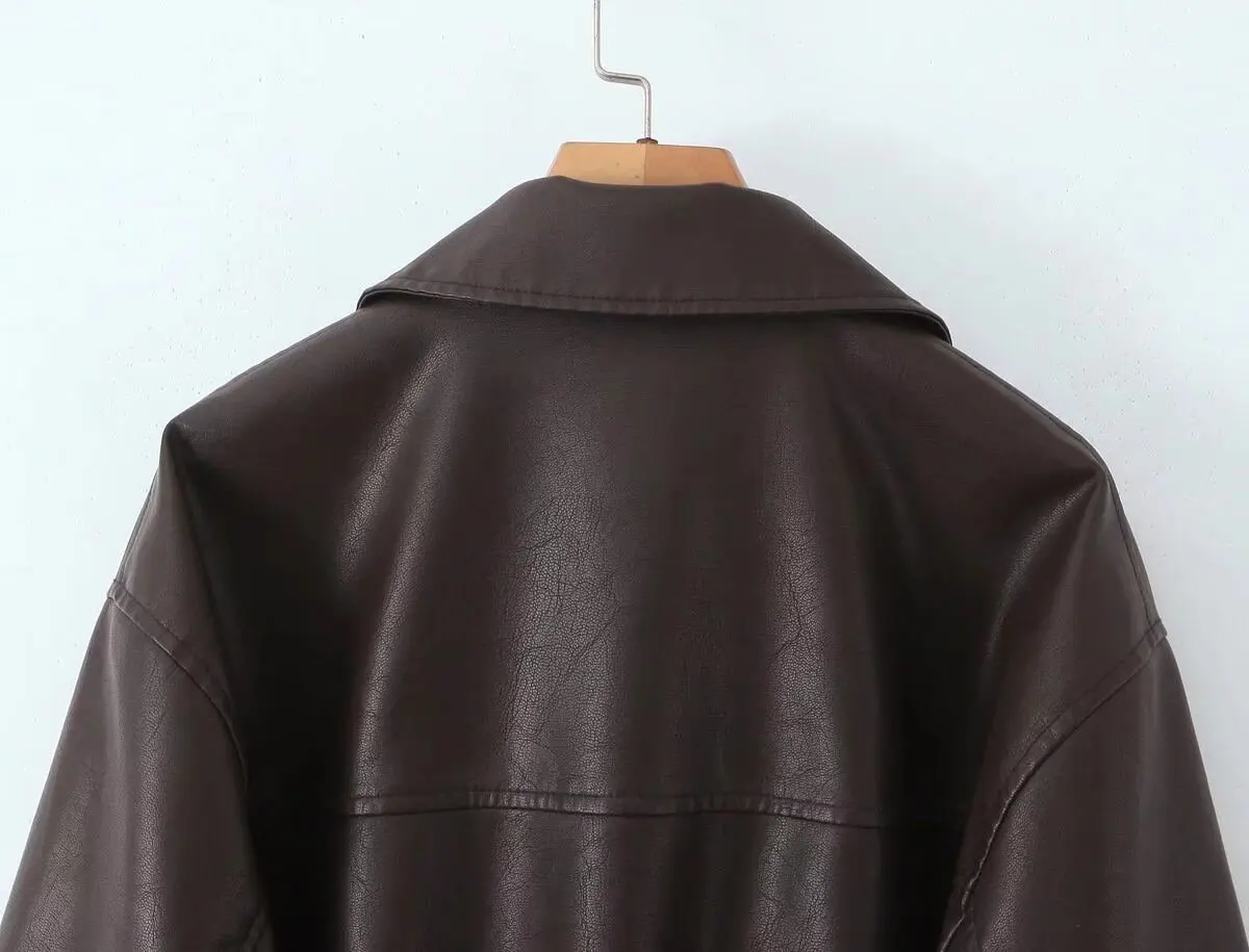 2026 Fashion Streetwear Women Retro Loose Black PU Faux Leather Jacket Spring Autumn Lady Vintage Zipper Coat Moto Biker Outwear