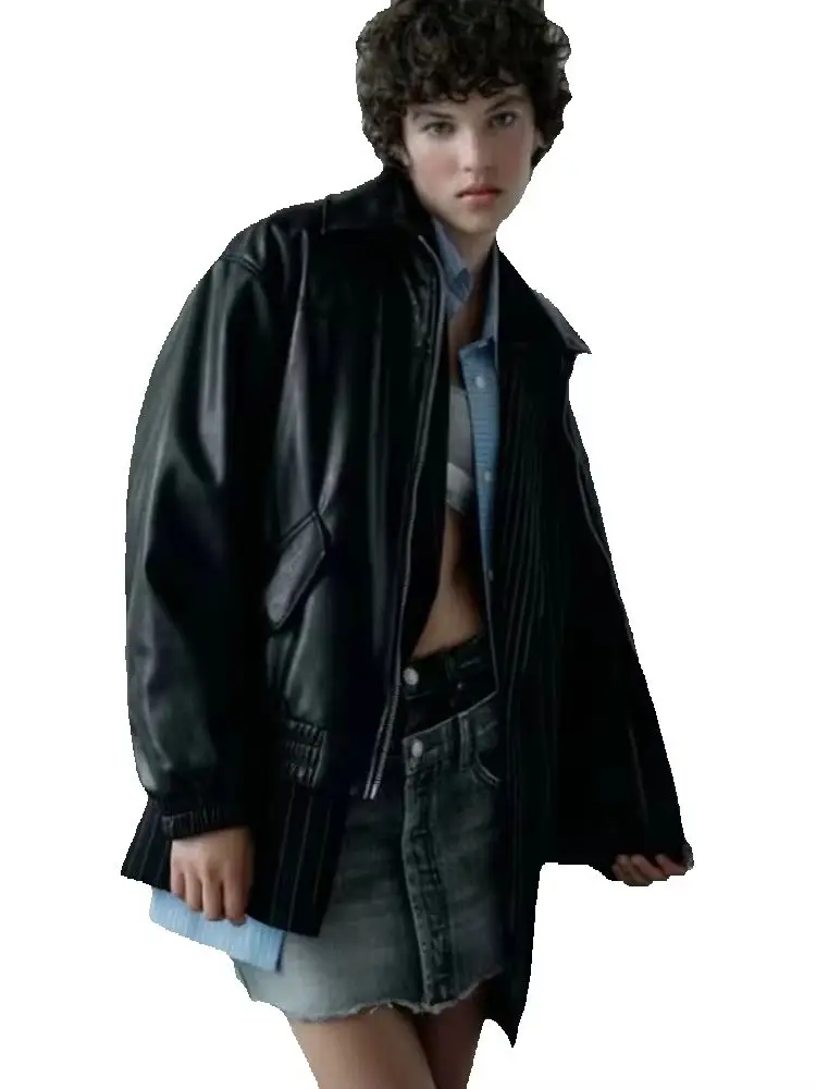 2026 Fashion Streetwear Women Retro Loose Black PU Faux Leather Jacket Spring Autumn Lady Vintage Zipper Coat Moto Biker Outwear
