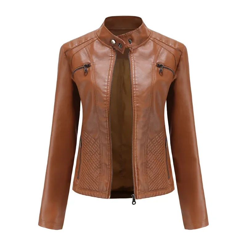 Women coat Autumn New Casual Leather Jacket Standing Collar Long Sleeve Jacket Slim Solid Color Coat Streetwear Zipper Jacket
