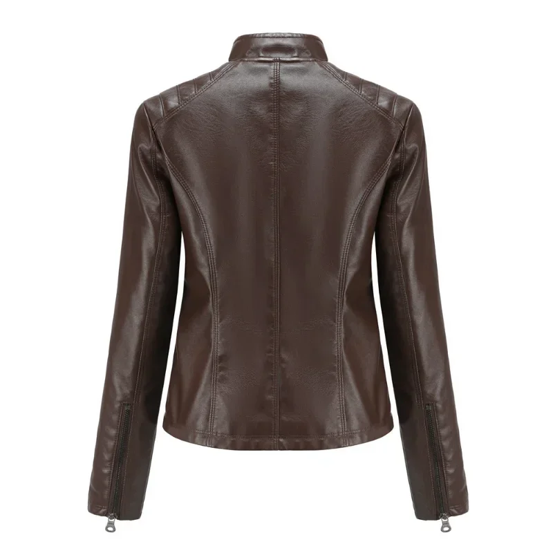 Women coat Autumn New Casual Leather Jacket Standing Collar Long Sleeve Jacket Slim Solid Color Coat Streetwear Zipper Jacket