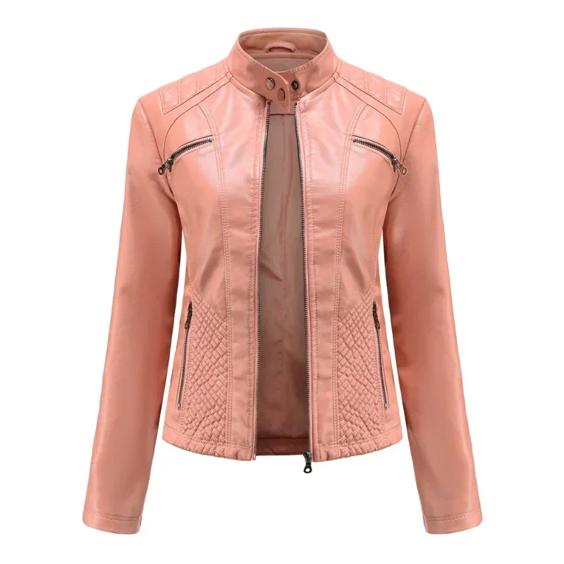 Women coat Autumn New Casual Leather Jacket Standing Collar Long Sleeve Jacket Slim Solid Color Coat Streetwear Zipper Jacket